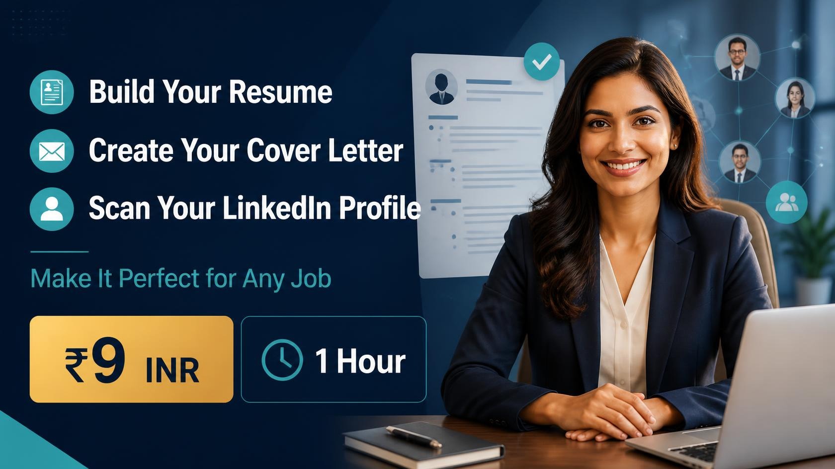 Build your resume, create your cover letter, scan your LinkedIn profile - make it perfect for any job, 9 rupees, 1 hour